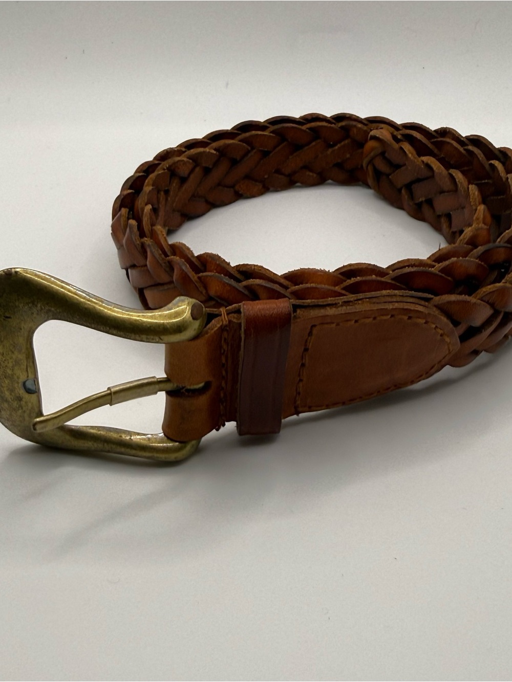 Woven Leather Waist Belt in Brown with Brass Buckle